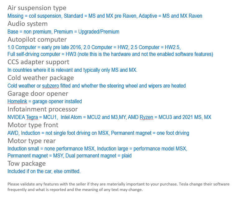Tesla additional information options listed
