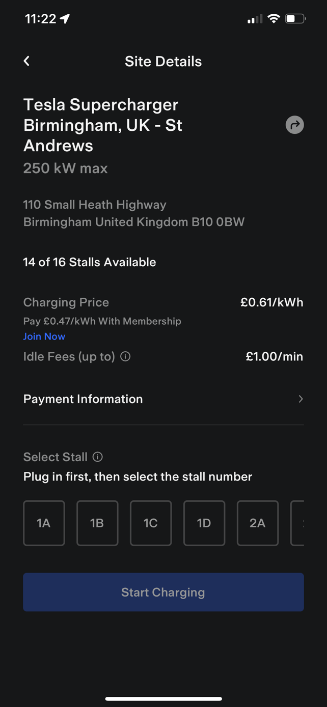 Non-Tesla supercharging detail page