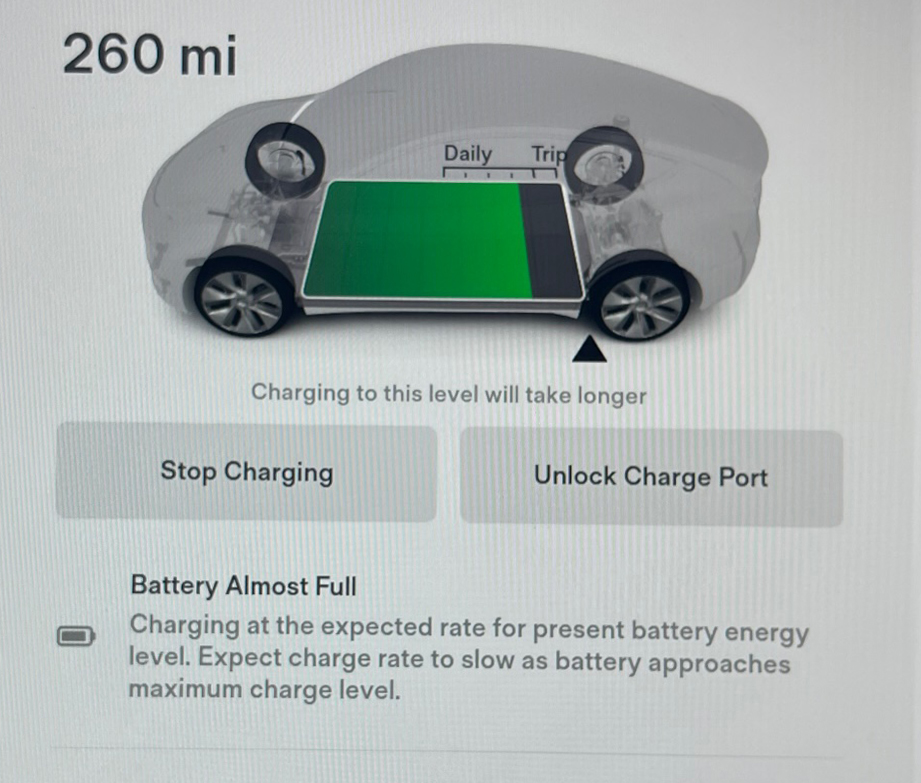 Tesla charging battery almost full message