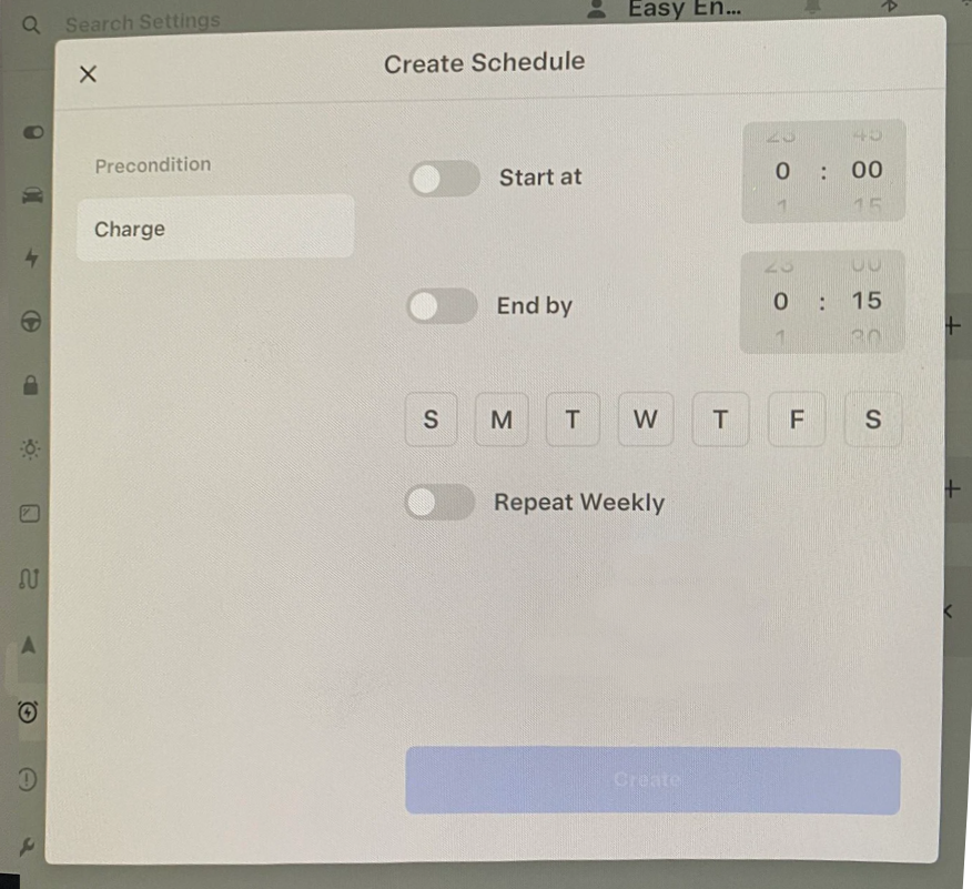 Tesla charge scheduling screen