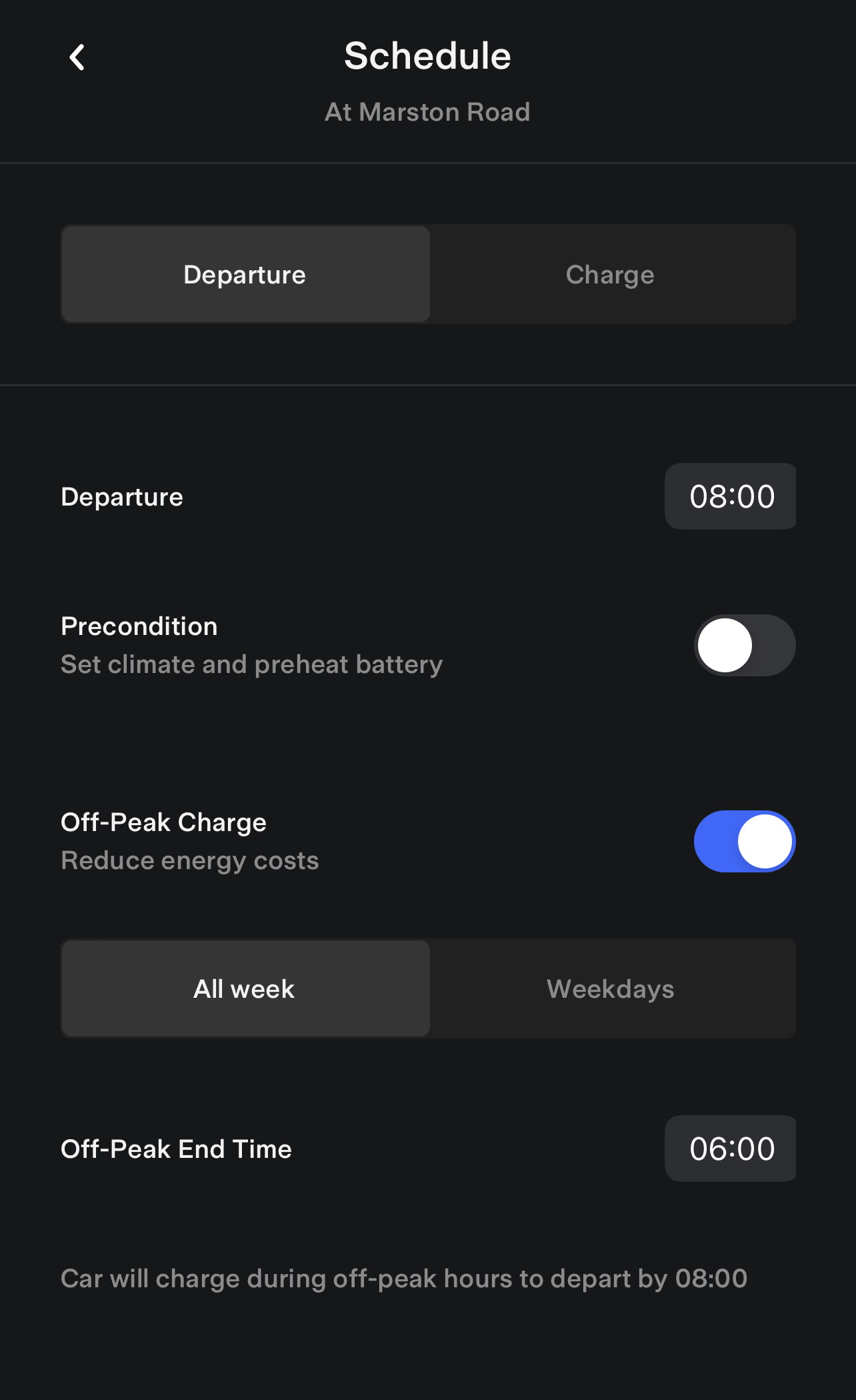 Schedule Tesla charging departure time