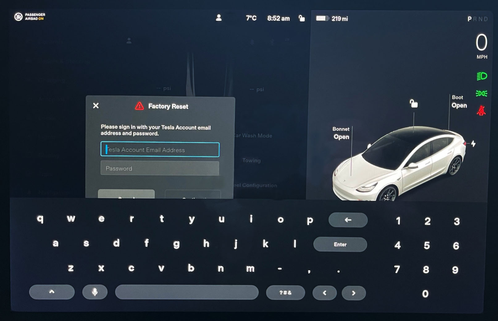 Tesla Reset login screen